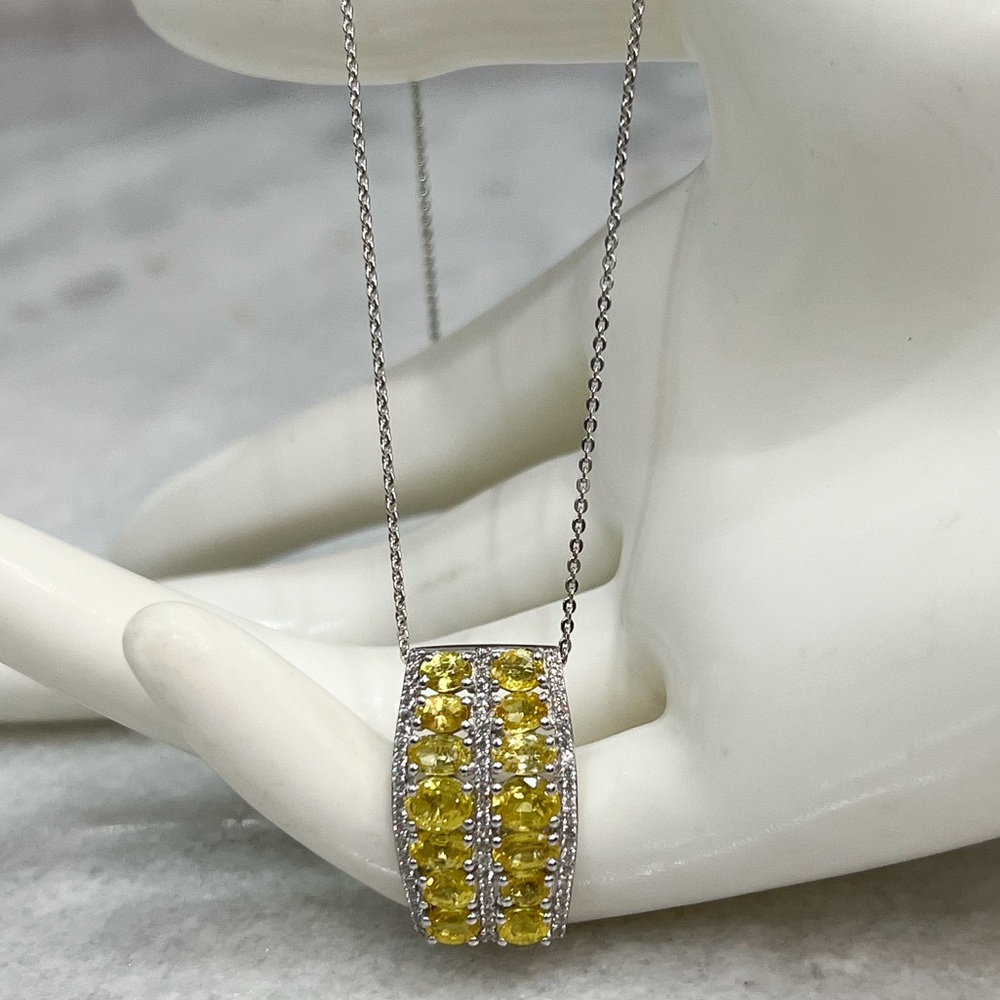 Madagascar Yellow Sapphire White Zircon Sterling Silver Pendant 20” Necklace - Picture 4 of 12